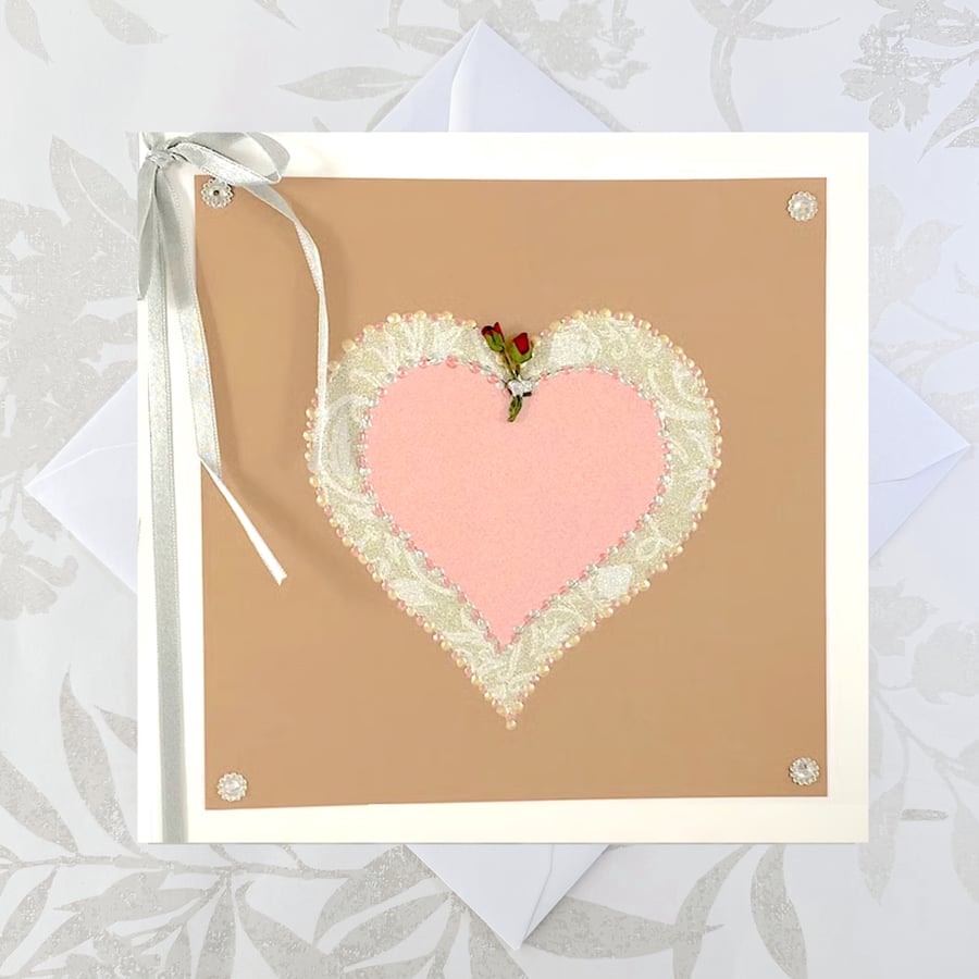 Engagement Card or anniversary card - Handmade heart red rose