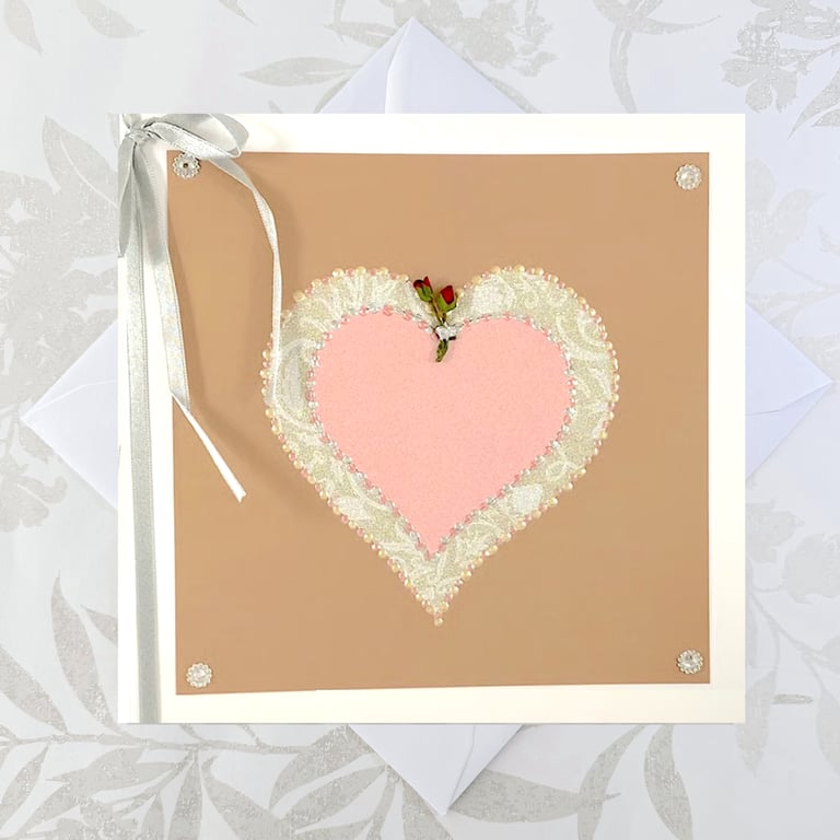 Engagement Card or anniversary card - Handmade heart red rose