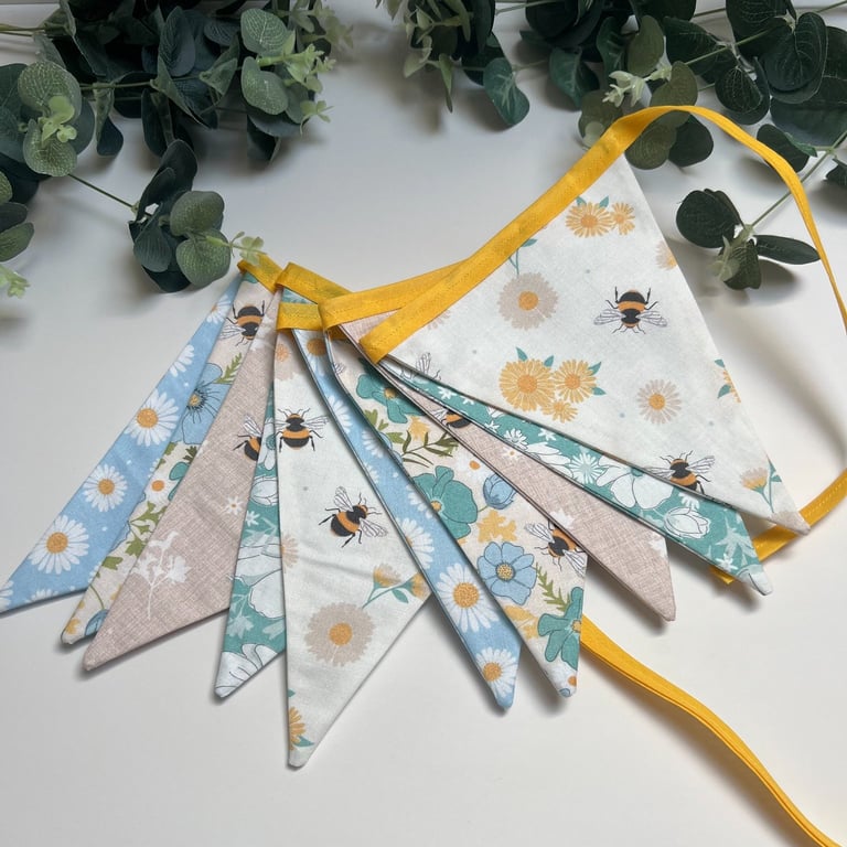 Handmade Fabric Bunting 10 flags: Bees & Flowers Home Decor