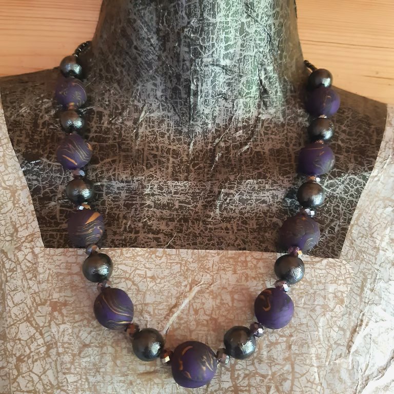 Dark purple and gold polymer clay necklace