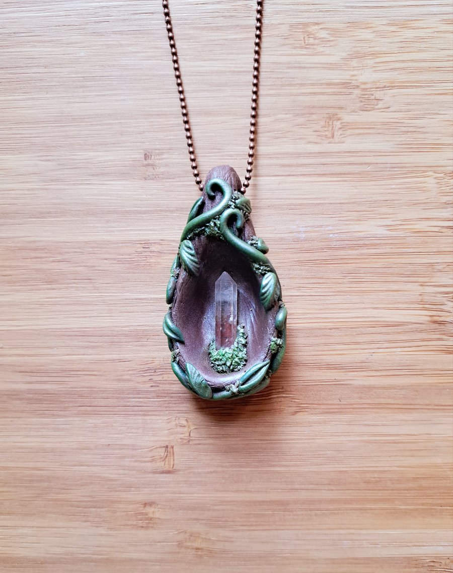 Lemurian Crystal and Polymer Clay Woodland Amulet Pendant