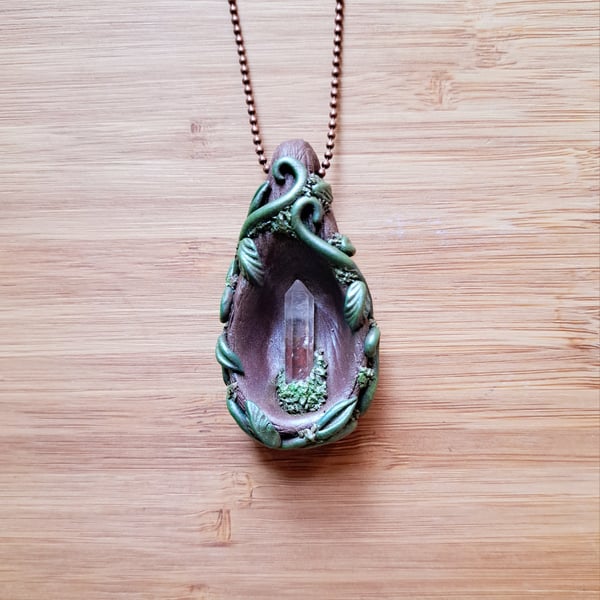 Lemurian Crystal and Polymer Clay Woodland Amulet Pendant