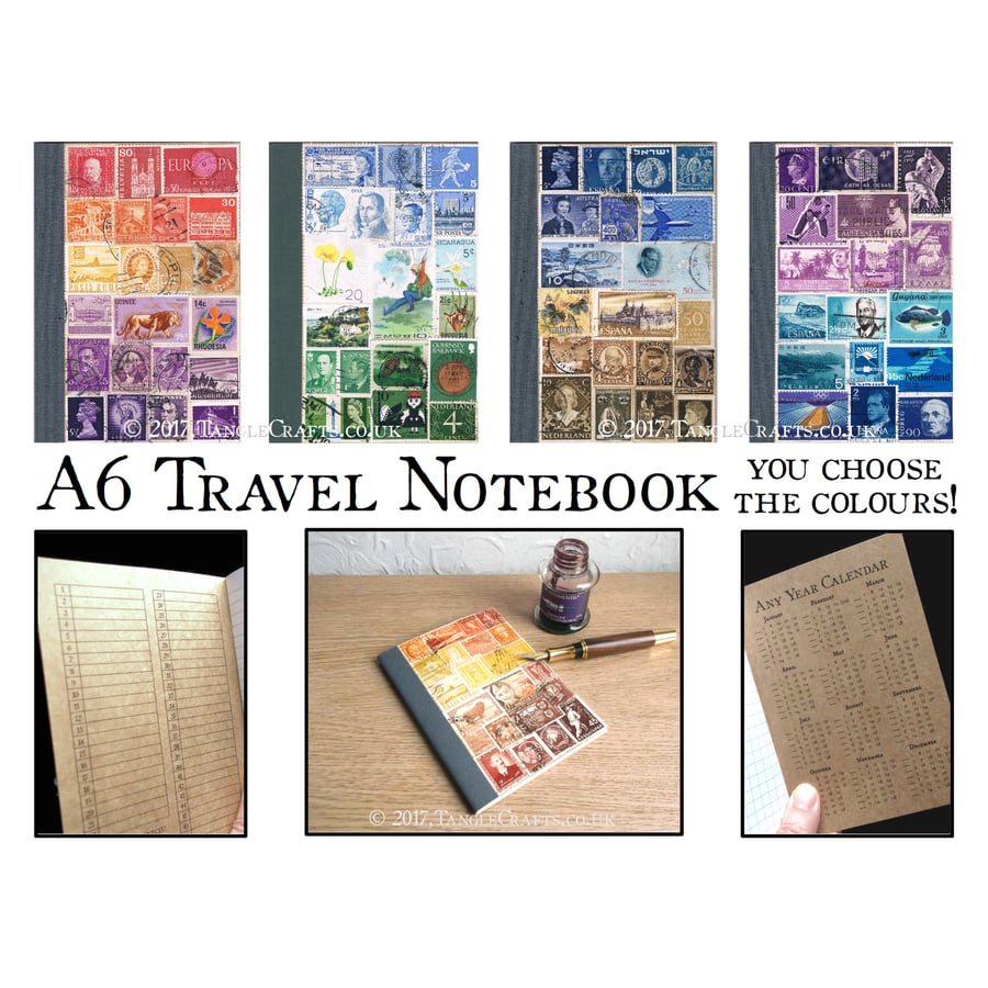 A6 Travel Journal, Index Notebook, Custom Colour upcycled postage stamp collage