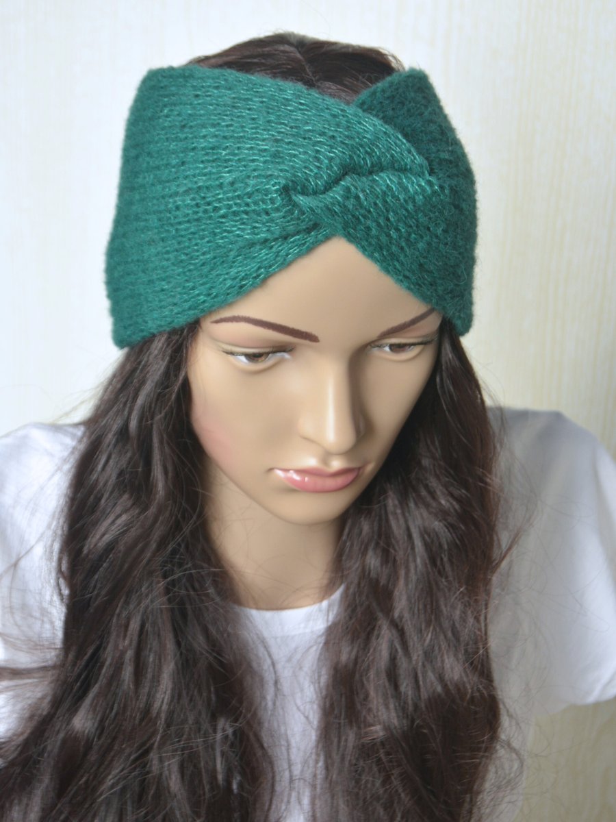 Knitted Headband Earwarmer Soft Alpaca Silk Pine Forest Green Letterbox Gift