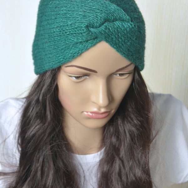 Knitted Headband Earwarmer Soft Alpaca Silk Pine Forest Green Letterbox Gift