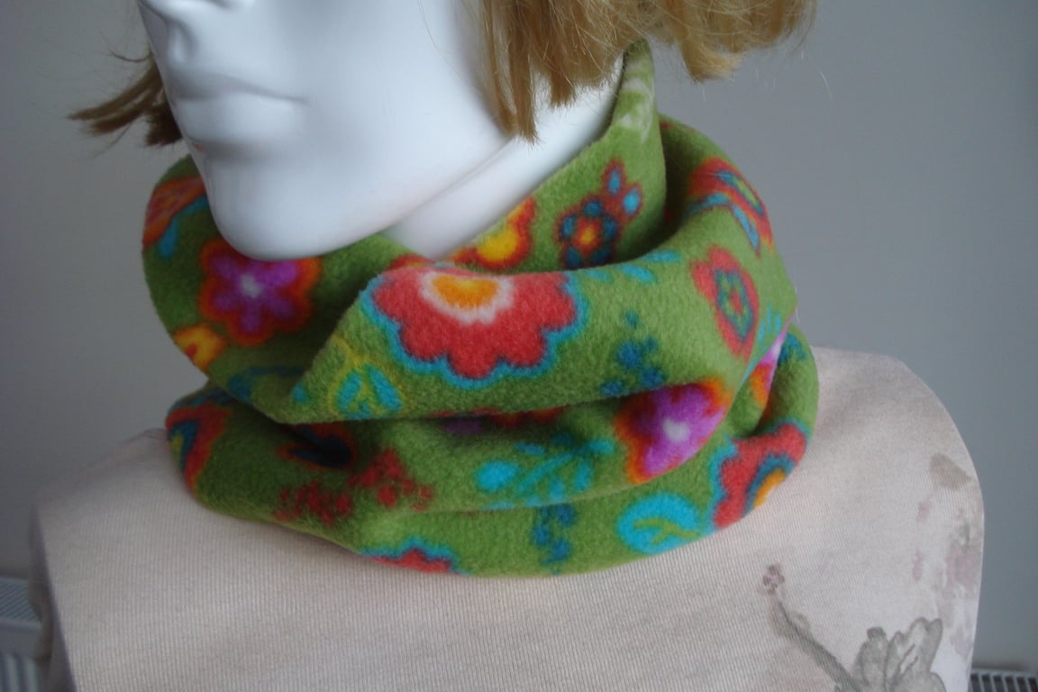 Lime Green Fleece Cowl Neck Warmer with Multi Coloured Flowers (R265)