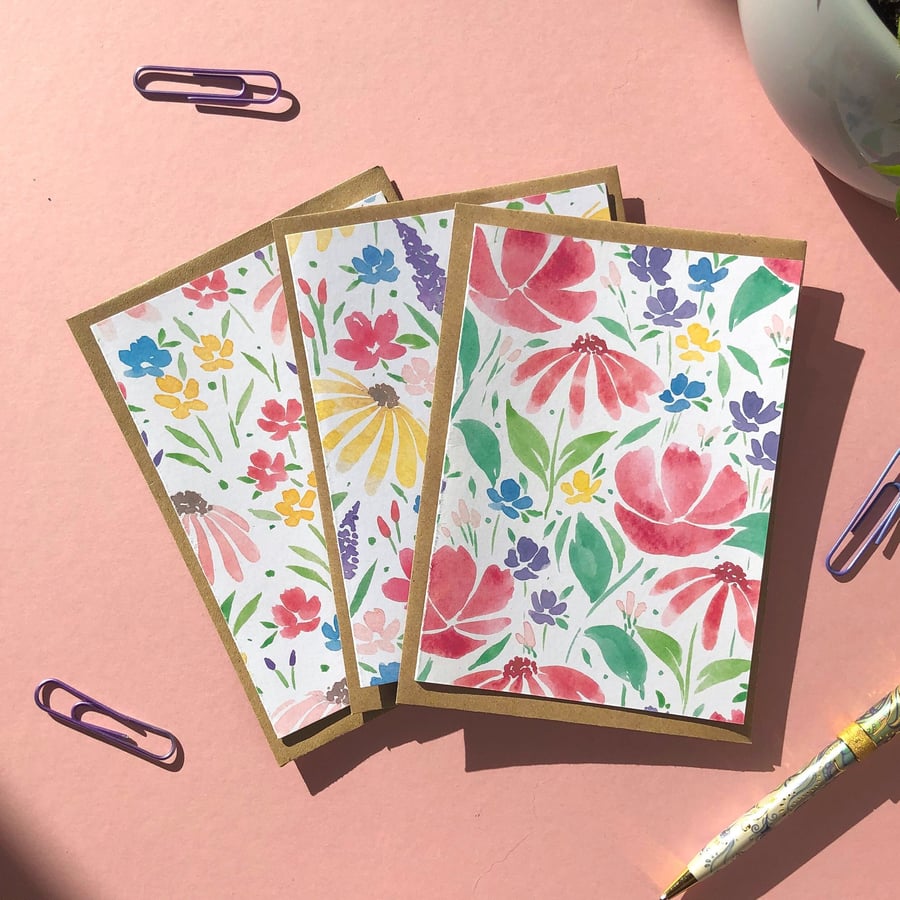 Floral Notecard Set, Pack of 3 A6 Cards - Birthday, Thank You 