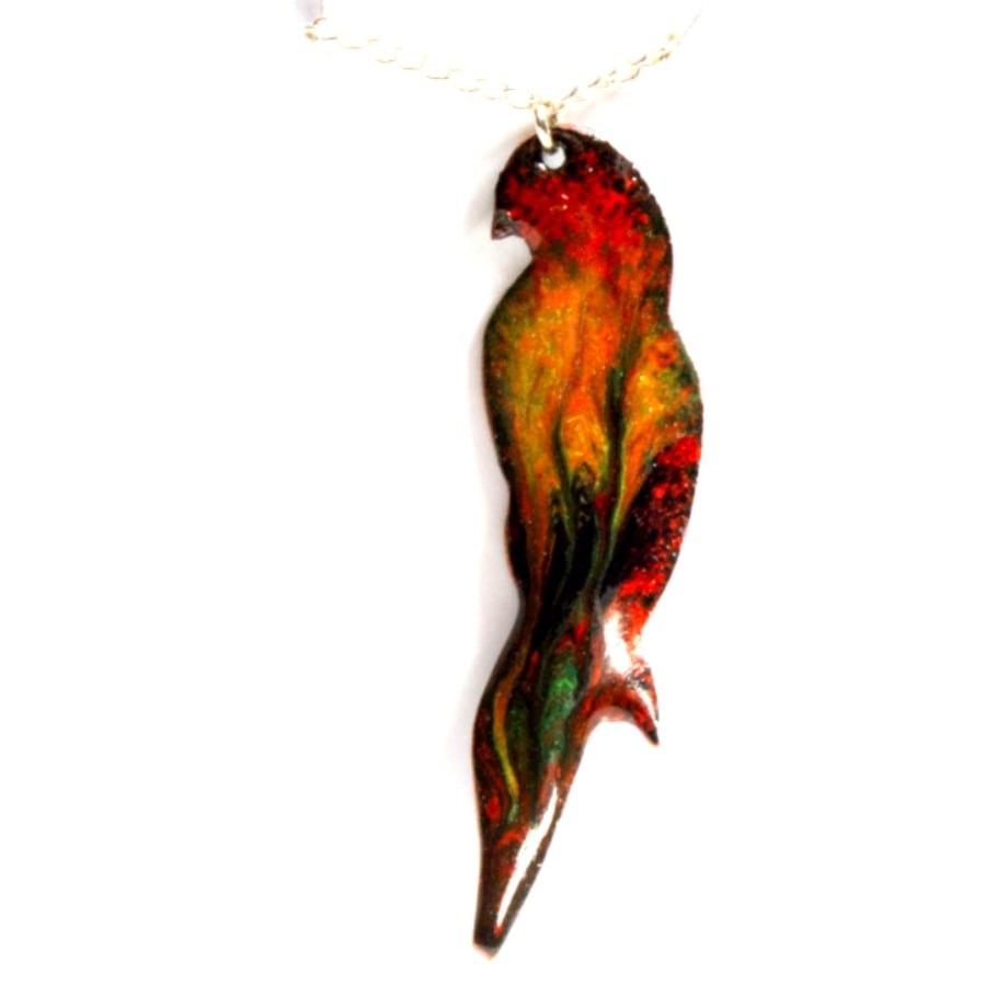 red, blue, black and yellow parrot - scrolled pendant