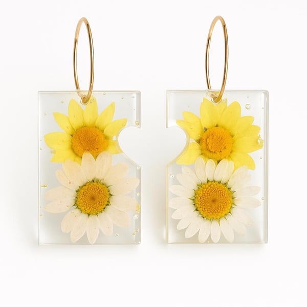White & Yellow Daisy Resin Dangle Earrings with Rhinestones
