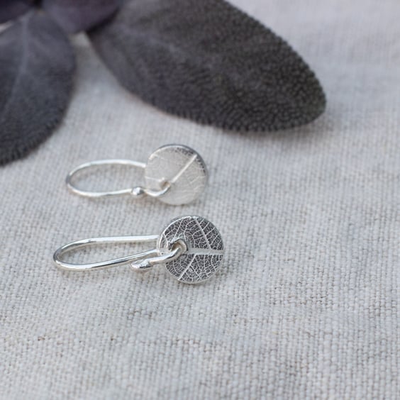 Recycled Silver Circle Earrings With Leaf Pattern