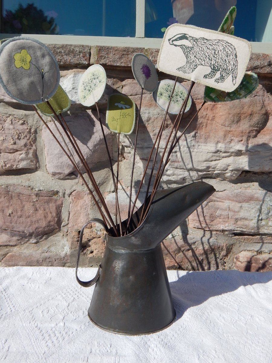 Badger,wild flower and hearts - Screen printed fabric and willow flowers