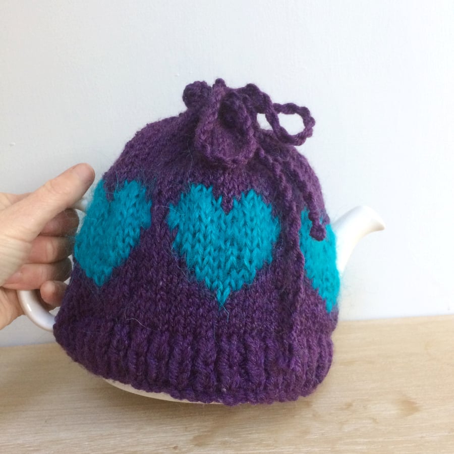 Purple Valentine gift hand knit heart  tea cosy