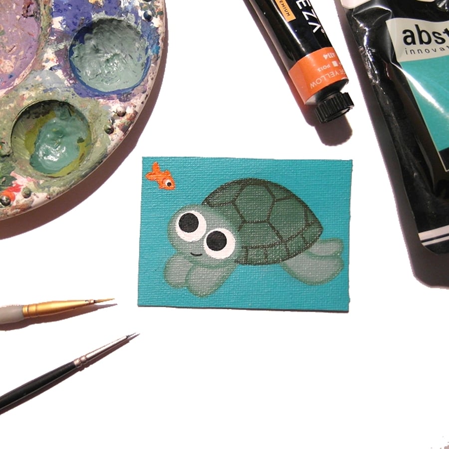 Sold Turtle ACEO - small original acrylic painting of cute underwater scene