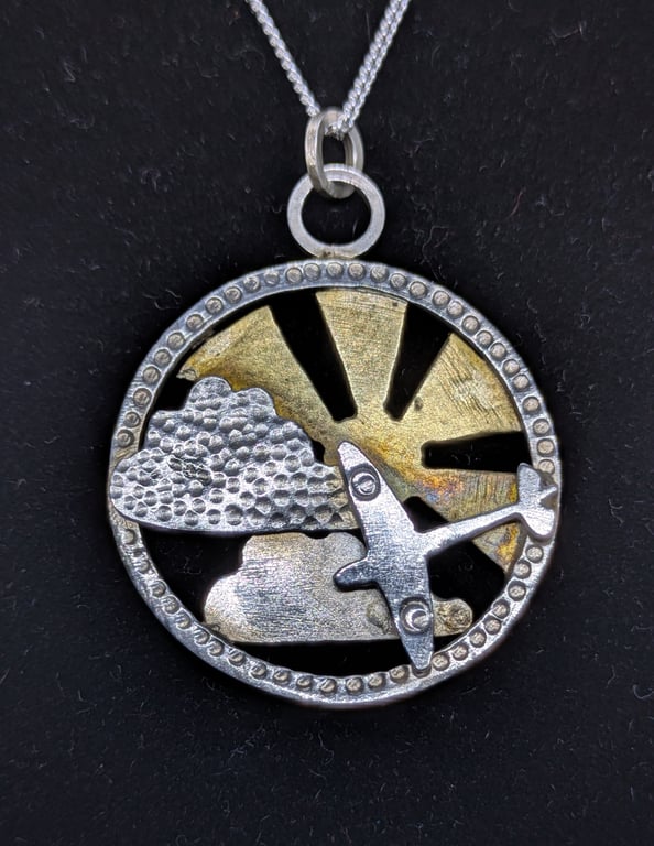 Sterling silver and brass pendant, Silver aeroplane pendant, Spitfire necklace