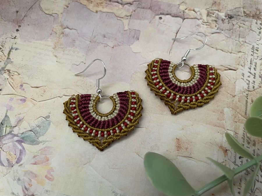 Unique earrings, handmade micro macrame beaded fan design boho earrings, 