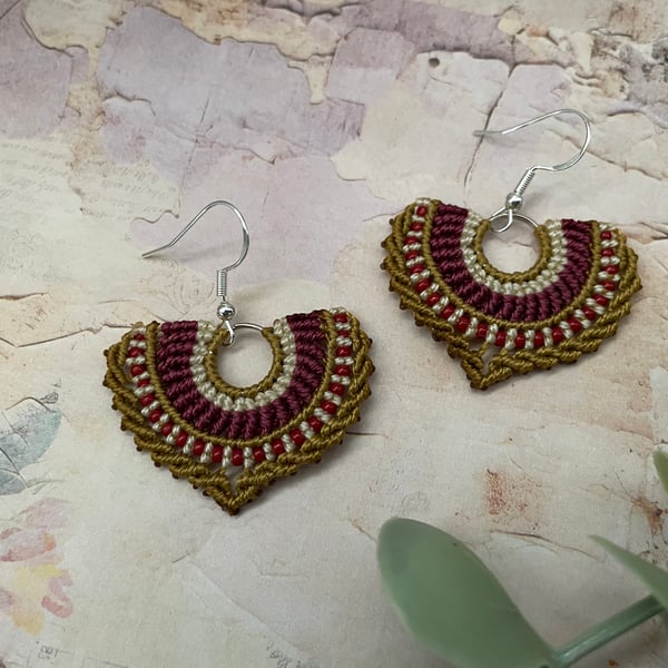 Unique earrings, handmade micro macrame beaded fan design boho earrings, 