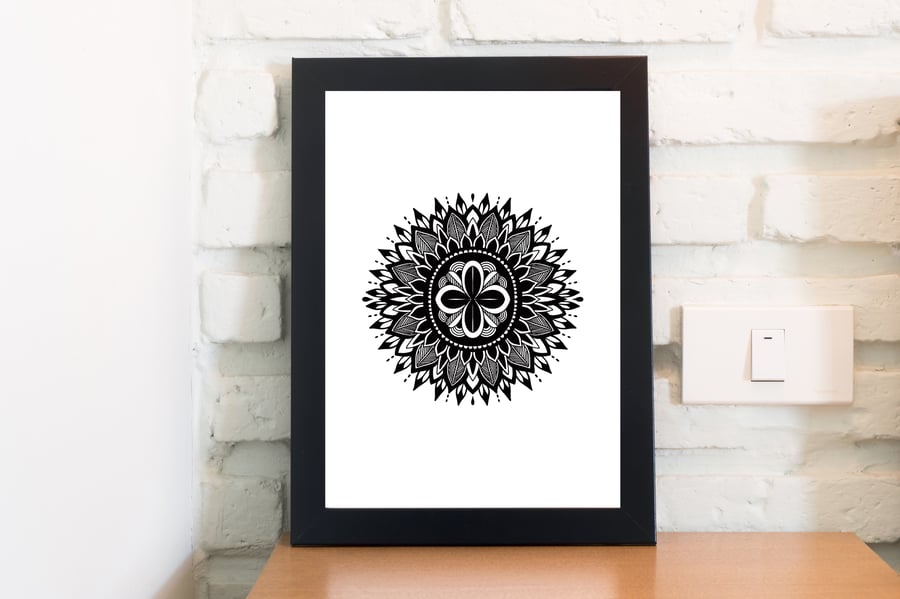A4 Mandala Print, Meditation Art, Black and White Wall Art, Monochrome Print