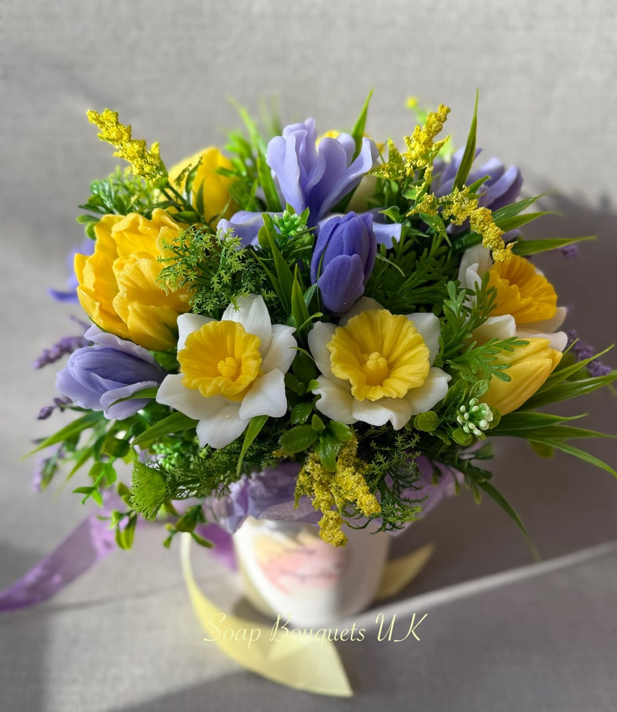 Bouquet of Spring Soap Flowers: Tulips, Irises, and Daffodils. Spa Gift for Her