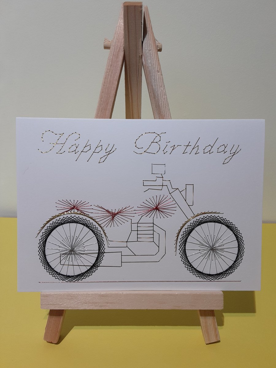 Motorbike Happy Birthday Hand Embroidered Card.