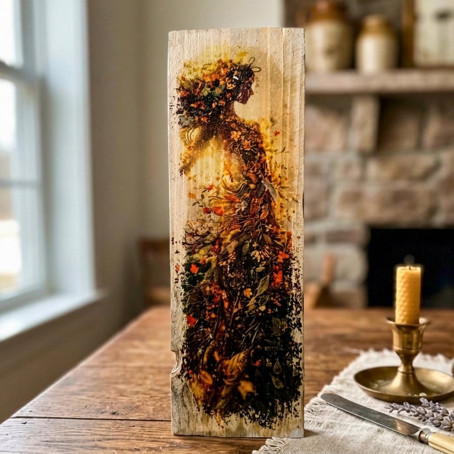 Autumn Forest Spirit Floral Fantasy Portrait Wood Wall Art,