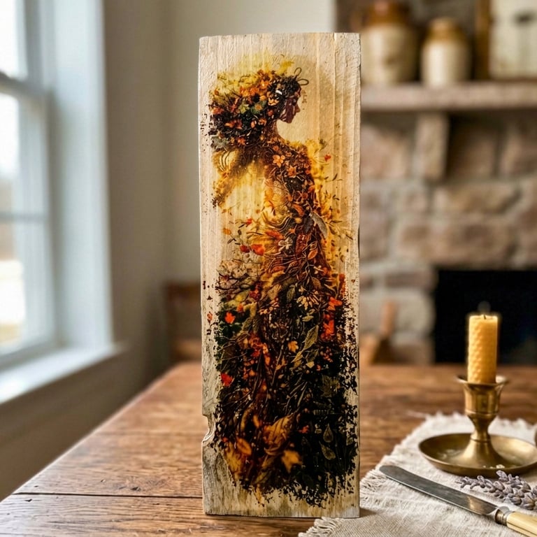 Autumn Forest Spirit Floral Fantasy Portrait Wood Wall Art,