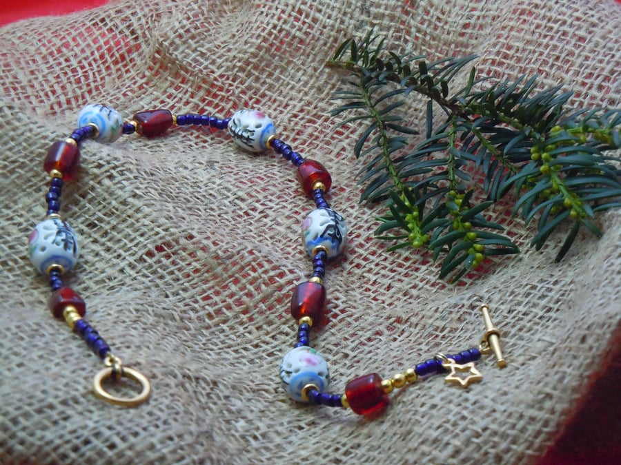 Artisan porcelain bead necklace with glass foil beads 
