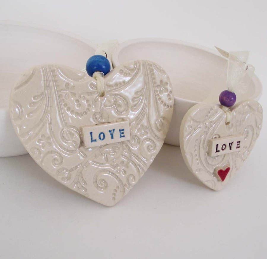 Sale Set of Two Ceramic heart decorations Love