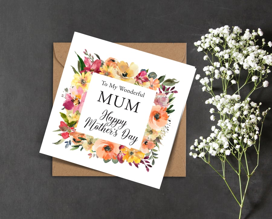 Peach yellow, red colour floral frame MOTHERS DAY card my wonderful Mum Mam Nan