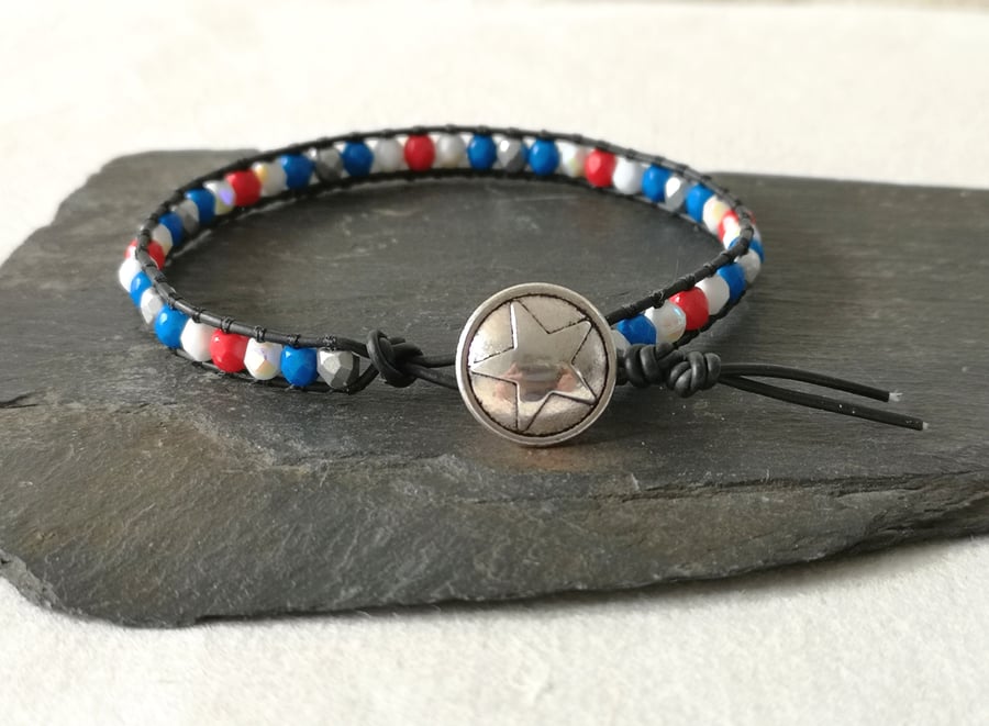 Coronation red, white and blue faux leather bracelet, vegan friendly 