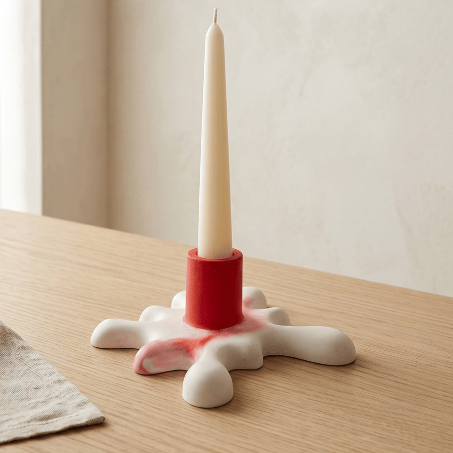 Splat Shaped Candlestick Red and White Handmade Candle Holder