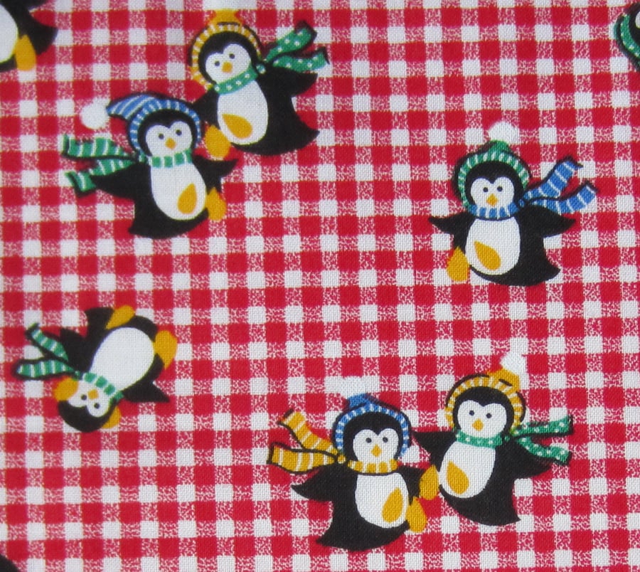 Penguins on Red Check Fabric. Fat Quarter Remnant