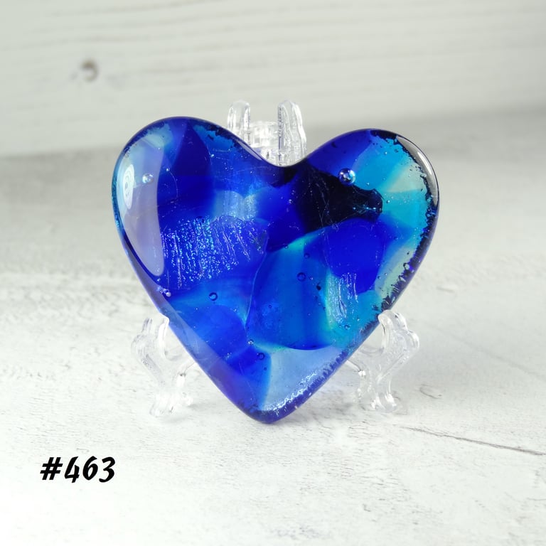 Blue fused glass heart pocket hug with stand 5x4.5cm, handcrafted (463)