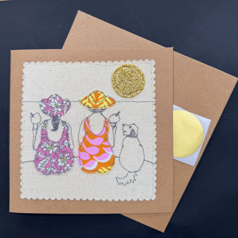 two ladies and a dog on the beach free motion appliqué blank greetings card