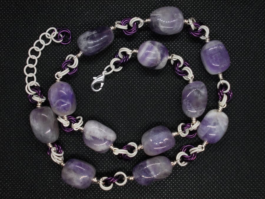 Amethyst tumbled stone chainmaille necklace