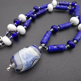 blue lampwork glass and lapis lazuli gemstone necklace