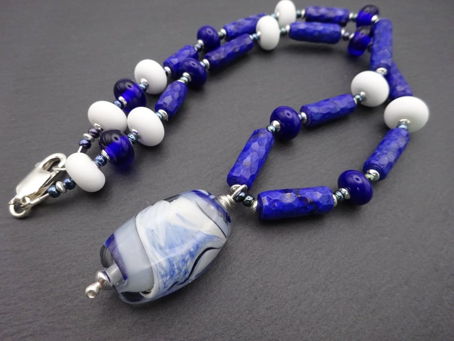 blue lampwork glass and lapis lazuli gemstone necklace