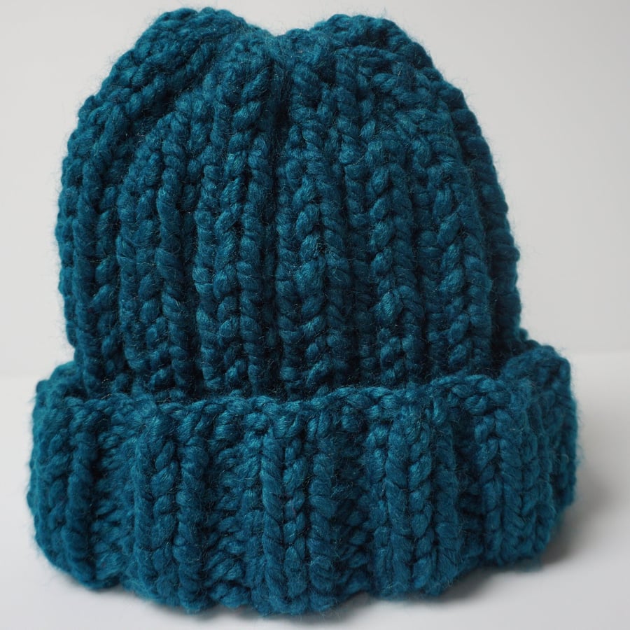 Women's Teal Extra Soft Chunky Knit Rib Stitch Handmade Beanie Hat 
