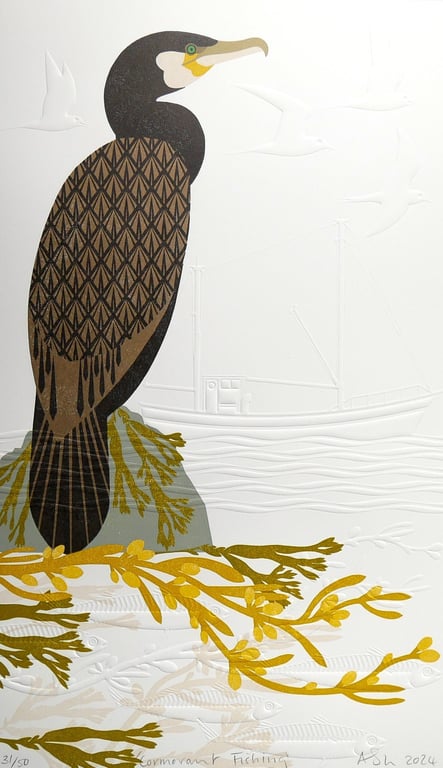 Cormorant Fishing Lino Reduction Limited Edition And Hand Embossed Print
