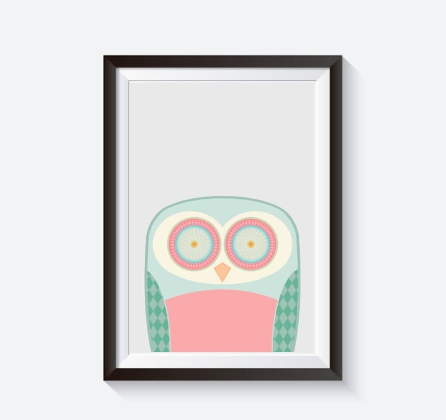 Owl print, pattern art, owl nursery print, children's room art, owl illustration