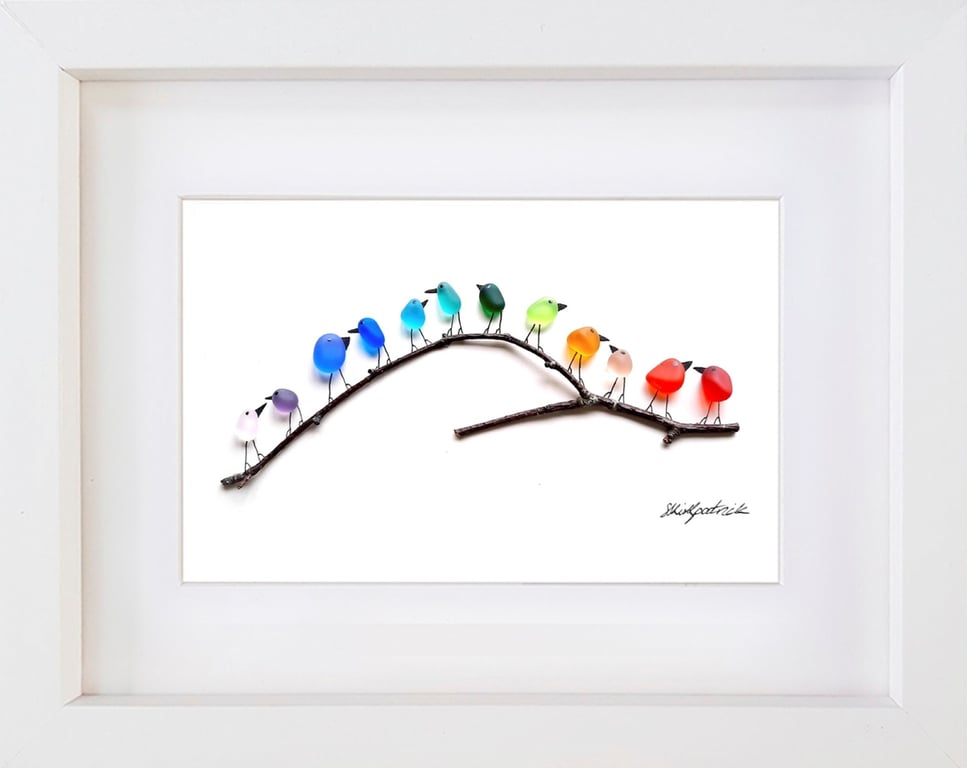 Rainbow Birds on Branch Large - Sea Glass & Driftwood Picture - Framed Handmade