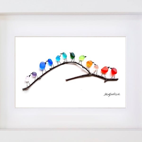Rainbow Birds on Branch Large - Sea Glass & Driftwood Picture - Framed Handmade