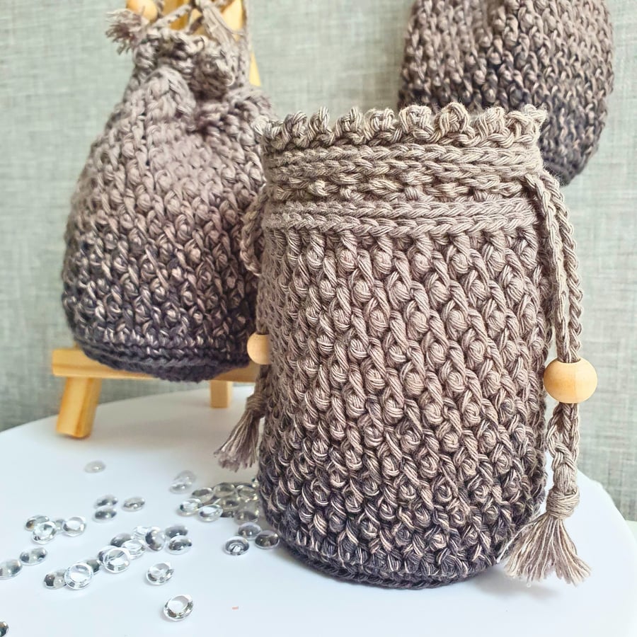 Crochet Drawstring Pouch - Favour Bag, Table Favour, Grey, Self patterned Cotton
