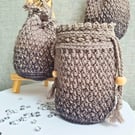 Crochet Drawstring Pouch - Favour Bag, Table Favour, Grey, Self patterned Cotton