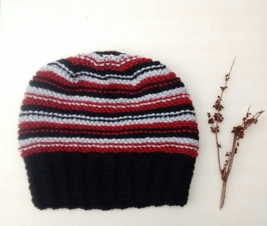 Stripy Hand Knitted Beanie Hat 