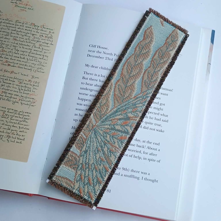 Textile bookmark - golden brown embroidered curtain, wool and velvet fabrics