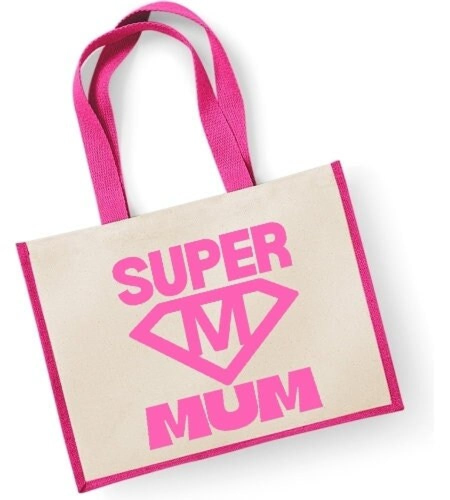 Super Mum Large Jute Shopper Bag Mothers Day Birthday Christmas Eco-friendly 