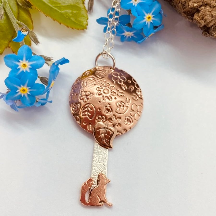 Fox & Tree Pendant with Copper, & Sterling Silver Necklace, Fox, Flowers.