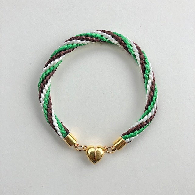 Kumihimo Friendship bracelet in green, cream & brown - approx. 7 inches