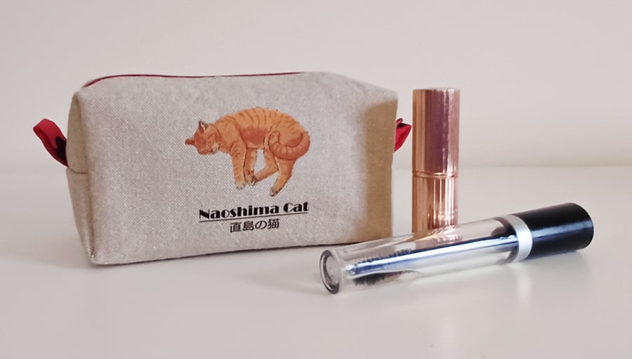 Cute Japanese Cat Printed Make-up Bag, Pencil Case - Cream