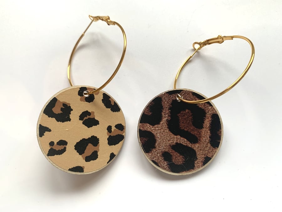 Leopard Animal Print Double Sided Hoop Earrings Paper Wood Lightweight Handmade